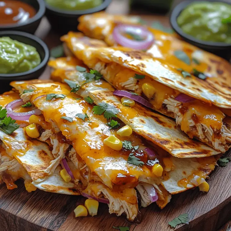In the world of culinary delights, few dishes can match the satisfying combination of flavors, textures, and aromas found in Smoky BBQ Chicken Quesadillas. This delightful recipe brings together the smoky richness of barbecue chicken, the creaminess of melted cheese, and the freshness of a variety of vegetables, creating an irresistible meal that's as comforting as it is exciting. Whether you're hosting a casual gathering, preparing a weeknight dinner, or simply craving a delicious snack, these quesadillas are sure to please.