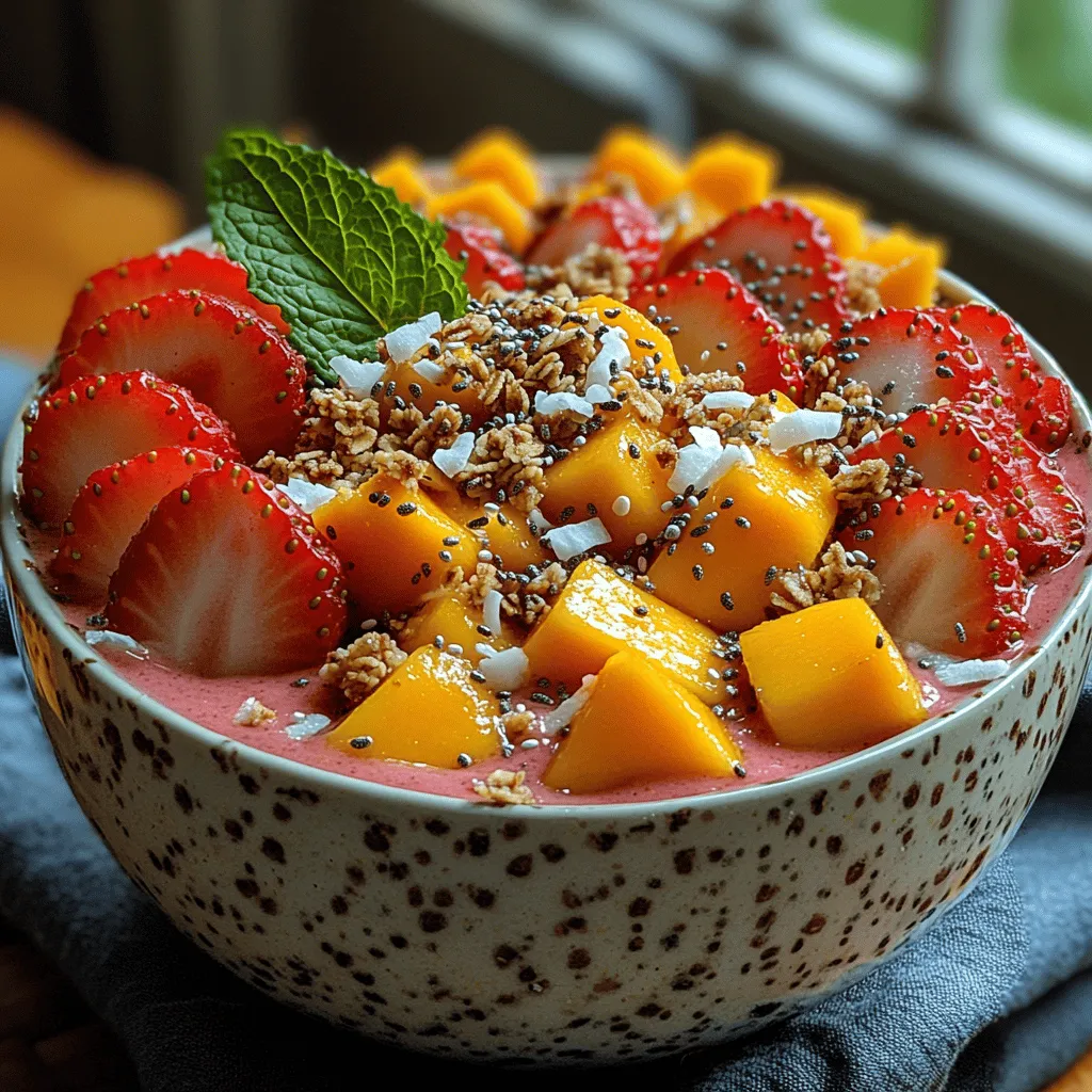 Smoothie bowls have taken the health food scene by storm, offering a delightful and nutritious way to start the day or refresh during a warm afternoon. These bowls are not only a feast for the taste buds but also an explosion of colors that can brighten any breakfast table. One such vibrant creation is the Tropical Sunrise Strawberry Mango Smoothie Bowl, a refreshing blend of strawberries and mangoes that transports you straight to a sun-kissed beach with each spoonful. This smoothie bowl is perfect for those looking to indulge in a delicious yet healthy treat, packed with essential nutrients that appeal to both young and old alike.