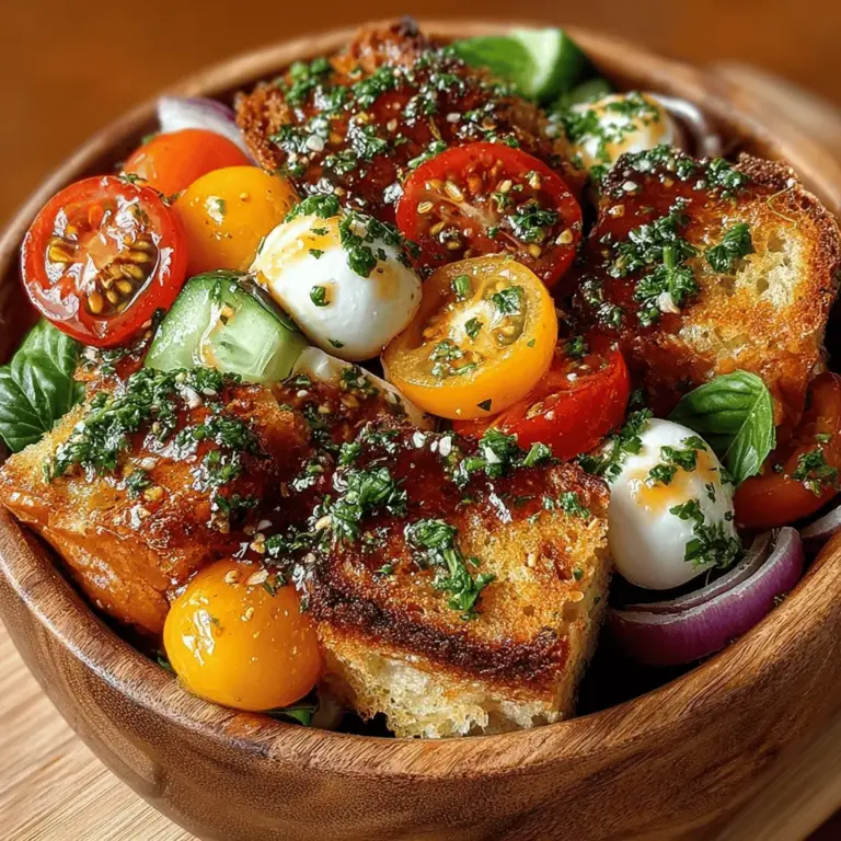 Panzanella salad is a classic dish that hails from the sun-drenched regions of Italy, specifically Tuscany. Traditionally, this rustic salad was created as a way to use up stale bread and leftover vegetables, embodying the principles of frugality and resourcefulness that are hallmarks of Italian cuisine. Over time, Panzanella has evolved into a beloved summer dish, celebrated for its refreshing flavors and vibrant colors. The Tomato Mozzarella Panzanella Salad takes this traditional concept and elevates it with the addition of creamy mozzarella, making it a delightful and satisfying option for warm-weather dining.