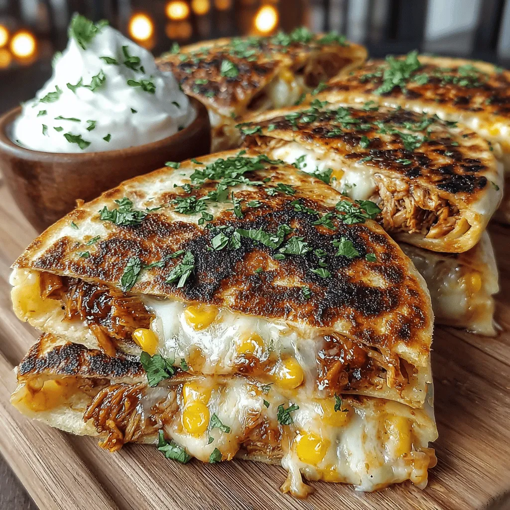 The first step in making Smoky Grilled BBQ Chicken Quesadillas is to prepare the chicken mixture. Start with your cooked chicken, whether it’s shredded from a rotisserie chicken or grilled to perfection. In a large mixing bowl, combine the shredded chicken with your choice of BBQ sauce. The quantity of sauce can vary based on personal preference; however, a good rule of thumb is to use enough to coat the chicken thoroughly without making it overly soggy.