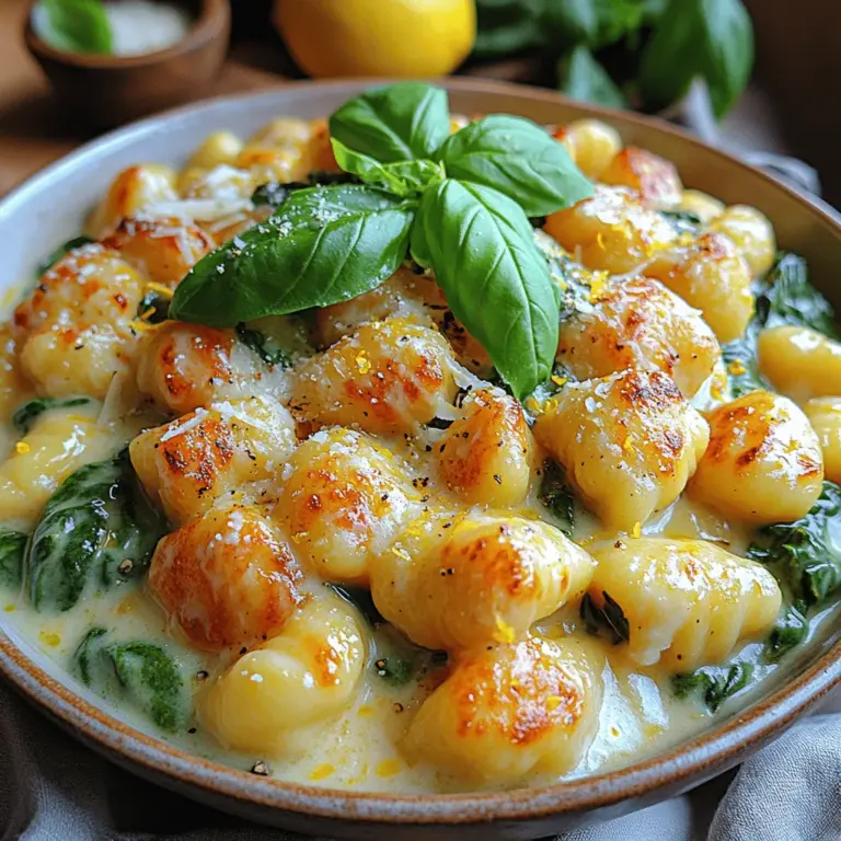 Creamy Lemon Spinach Gnocchi is a delightful dish that brings together the rich, comforting texture of gnocchi with the vibrant flavors of fresh spinach and zesty lemon. This recipe is a perfect example of how simple ingredients can come together to create a meal that feels both indulgent and refreshing. The creamy sauce enveloping the gnocchi not only enhances the dish's comforting nature but also balances the bright acidity of lemon and the earthiness of spinach.