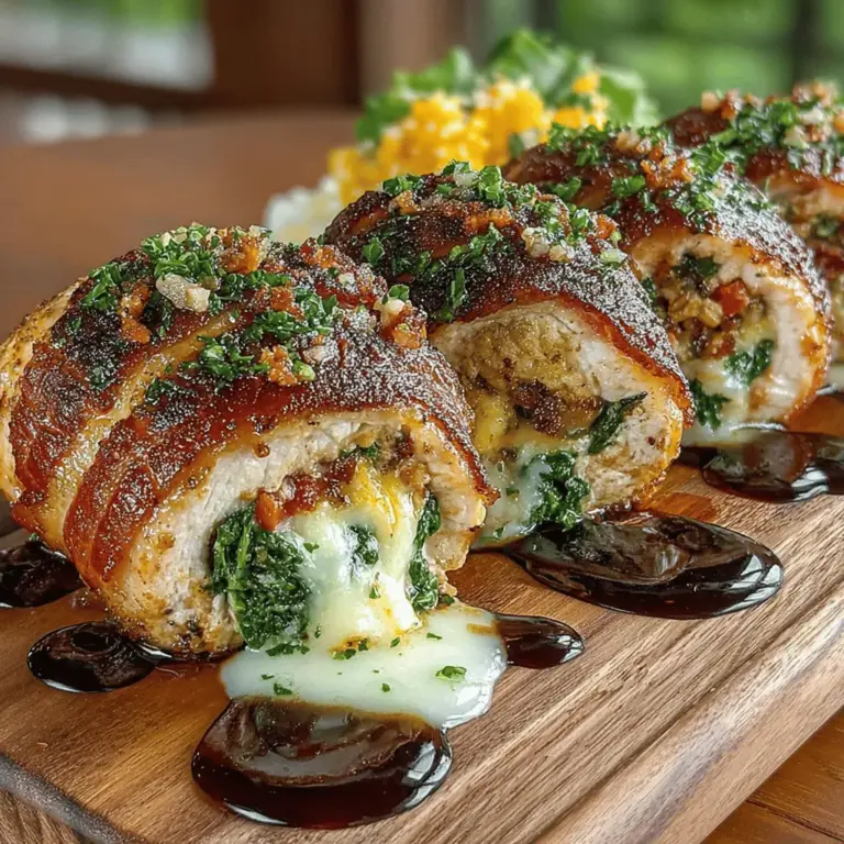 Bacon-wrapped stuffed chicken is not just another weeknight meal; it's a culinary delight that brings together an irresistible combination of flavors and textures. This recipe features succulent chicken breasts filled with a savory mixture of creamy mozzarella cheese, fresh spinach, and tangy sun-dried tomatoes, all enveloped in crispy, smoky bacon. The dish is perfect for impressing guests at a dinner party or providing a comforting meal for your family. With its rich taste and appealing presentation, it’s sure to become a favorite in your culinary repertoire.