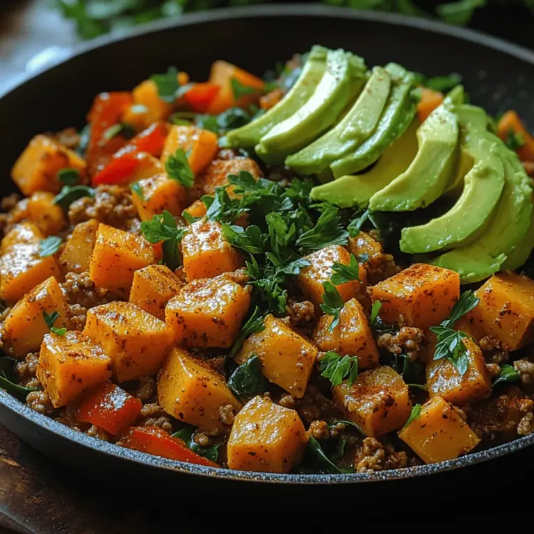 Sweet potatoes are the star of this dish, providing both flavor and nutrition. These root vegetables are rich in complex carbohydrates, making them a great source of energy. They are also high in fiber, which aids digestion and keeps you feeling full longer. The vibrant orange hue of sweet potatoes indicates a high content of beta-carotene, which the body converts into vitamin A. This nutrient is essential for maintaining healthy vision, skin, and immune function. Versatile and adaptable, sweet potatoes can be prepared in a variety of ways, whether baked, mashed, or sautéed, making them a perfect fit for this skillet recipe.