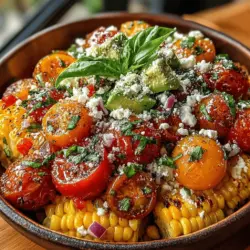 This dish is not only a feast for the eyes but also a powerhouse of nutrition. Fresh corn is a great source of fiber, vitamins, and antioxidants, while tomatoes are packed with vitamins C and K, as well as lycopene, a powerful antioxidant linked to various health benefits. The addition of fresh basil brings a burst of flavor along with its anti-inflammatory properties. By incorporating a variety of colorful ingredients, this salad becomes a nutrient-dense option that supports overall health and well-being.