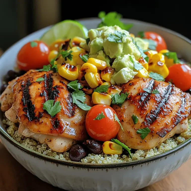 The Zesty Lime Chicken Bowl is a vibrant and nutritious dish that perfectly balances flavors and textures. Combining tender, marinated chicken thighs with fluffy quinoa and a medley of fresh vegetables, this recipe is ideal for a quick weeknight dinner or an easy meal prep option for the week ahead. Not only is it delicious, but it is also packed with protein, fiber, and essential nutrients, making it a wholesome choice for those seeking a balanced meal.