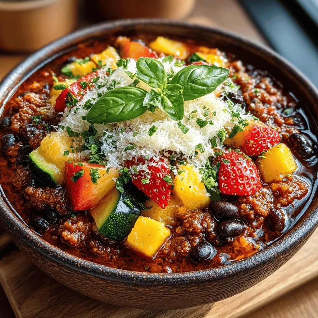 When it comes to chili, most people envision a hearty, spicy dish brimming with beans, ground meat, and an array of traditional seasonings. However, Fruity Fiesta Chili breaks the mold, offering a vibrant twist that harmoniously combines savory and sweet elements. This innovative recipe invites you into a world where black beans and juicy peaches coexist, creating a flavor profile that is both unexpected and delightful. Perfect for a family gathering or a cozy night in, Fruity Fiesta Chili not only satisfies your cravings but also excites your palate with its unique blend of ingredients.