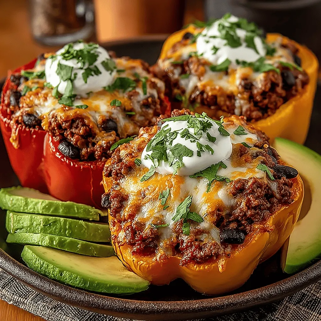 - 4 large bell peppers (red, yellow, or green) - 1 pound ground beef or ground turkey - 1 cup black beans, drained and rinsed - 1 cup corn, frozen or canned - 1 small onion, diced - 2 cloves garlic, minced - 1 cup diced tomatoes (fresh or canned) - 1 packet taco seasoning - 1 cup shredded cheddar cheese - Salt and pepper to taste - Olive oil for cooking