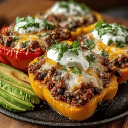 - 4 large bell peppers (red, yellow, or green) - 1 pound ground beef or ground turkey - 1 cup black beans, drained and rinsed - 1 cup corn, frozen or canned - 1 small onion, diced - 2 cloves garlic, minced - 1 cup diced tomatoes (fresh or canned) - 1 packet taco seasoning - 1 cup shredded cheddar cheese - Salt and pepper to taste - Olive oil for cooking