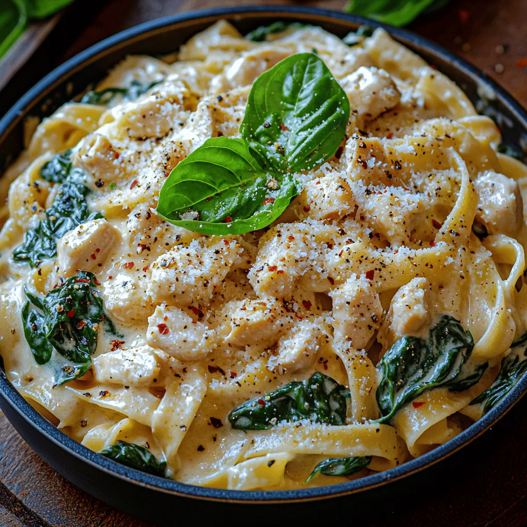 - 8 ounces fettuccine or linguine - 1 pound boneless, skinless chicken breasts - 2 tablespoons extra virgin olive oil - 3 cloves garlic, minced - 1 cup low-sodium chicken broth - 1 cup heavy cream - 4 cups fresh spinach, roughly chopped - 1 teaspoon Italian seasoning - 1/2 teaspoon red pepper flakes (optional) - 1/2 cup freshly grated Parmesan cheese - Salt and pepper to taste