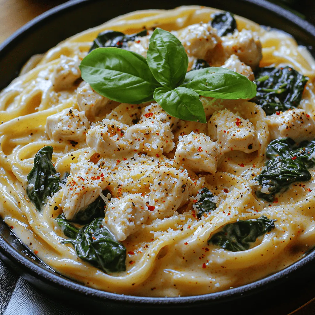 - 8 ounces fettuccine or linguine - 1 pound boneless, skinless chicken breasts - 2 tablespoons extra virgin olive oil - 3 cloves garlic, minced - 1 cup low-sodium chicken broth - 1 cup heavy cream - 4 cups fresh spinach, roughly chopped - 1 teaspoon Italian seasoning - 1/2 teaspoon red pepper flakes (optional) - 1/2 cup freshly grated Parmesan cheese - Salt and pepper to taste