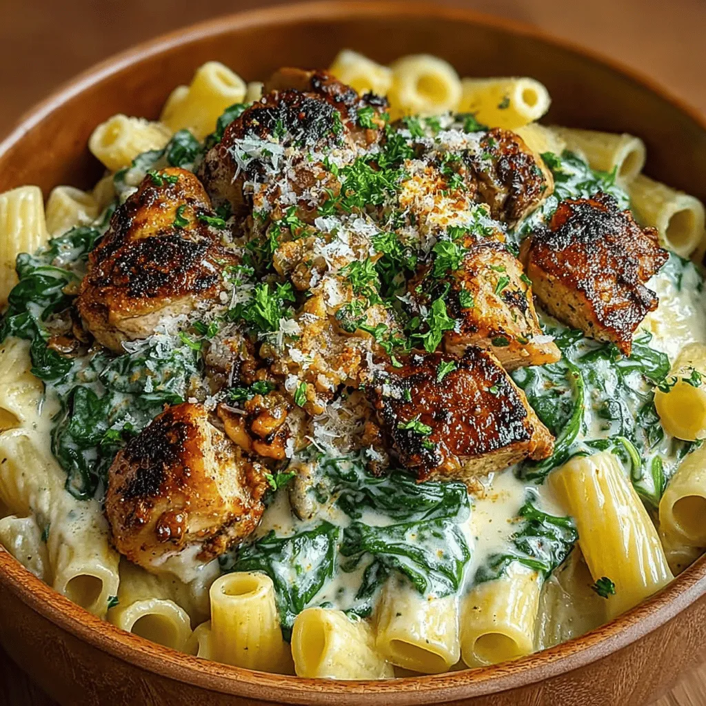 - 8 ounces penne pasta - 1 tablespoon olive oil - 1 pound boneless, skinless chicken breasts, diced - 3 cups fresh spinach, washed and chopped - 3 cloves garlic, minced - 1 small onion, finely chopped - 1 cup heavy cream - 1 cup grated Parmesan cheese - 1 teaspoon Italian seasoning - Salt and pepper to taste