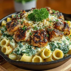 - 8 ounces penne pasta - 1 tablespoon olive oil - 1 pound boneless, skinless chicken breasts, diced - 3 cups fresh spinach, washed and chopped - 3 cloves garlic, minced - 1 small onion, finely chopped - 1 cup heavy cream - 1 cup grated Parmesan cheese - 1 teaspoon Italian seasoning - Salt and pepper to taste