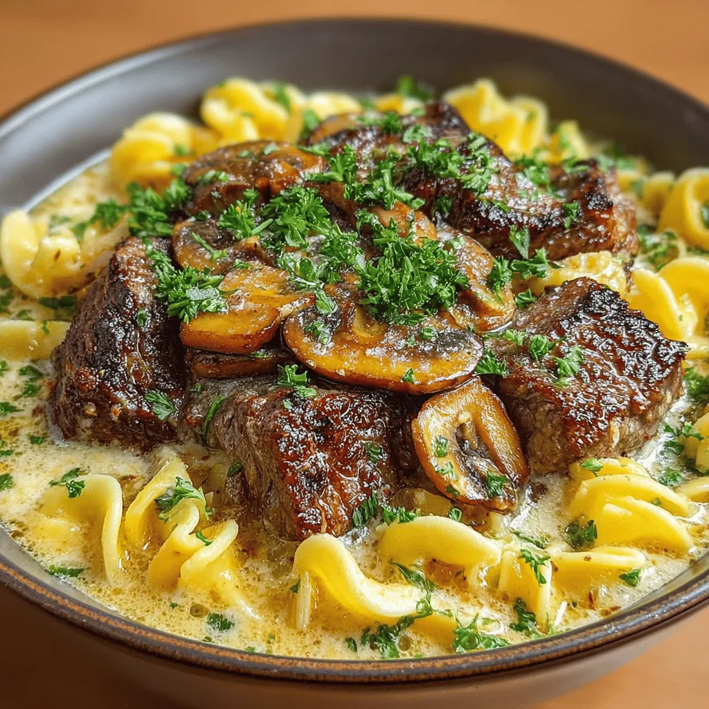 - 1 pound beef sirloin, sliced into thin strips - 1 medium onion, finely chopped - 2 cloves garlic, minced - 8 ounces mushrooms, sliced (button or cremini) - 2 cups beef broth - 1 cup sour cream - 2 tablespoons Worcestershire sauce - 1 tablespoon Dijon mustard - Salt and pepper to taste - 8 ounces egg noodles - Fresh parsley, chopped for garnish - 2 tablespoons olive oil or butter