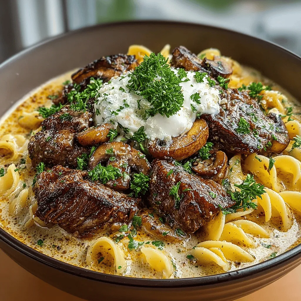 - 1 pound beef sirloin, sliced into thin strips - 1 medium onion, finely chopped - 2 cloves garlic, minced - 8 ounces mushrooms, sliced (button or cremini) - 2 cups beef broth - 1 cup sour cream - 2 tablespoons Worcestershire sauce - 1 tablespoon Dijon mustard - Salt and pepper to taste - 8 ounces egg noodles - Fresh parsley, chopped for garnish - 2 tablespoons olive oil or butter