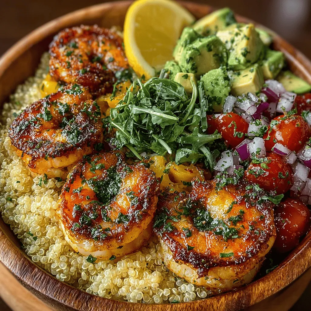 - 1 pound large shrimp, peeled and deveined - 1 cup quinoa, rinsed - 2 cups vegetable broth or water - 1 avocado, sliced - 1 cup cherry tomatoes, halved - 2 cups fresh greens (spinach, arugula, or mixed greens) - 2 tablespoons olive oil - Juice and zest of 1 lemon - 2 cloves garlic, minced - 1 tablespoon fresh parsley, chopped - 1 tablespoon fresh thyme, chopped - Salt and pepper to taste