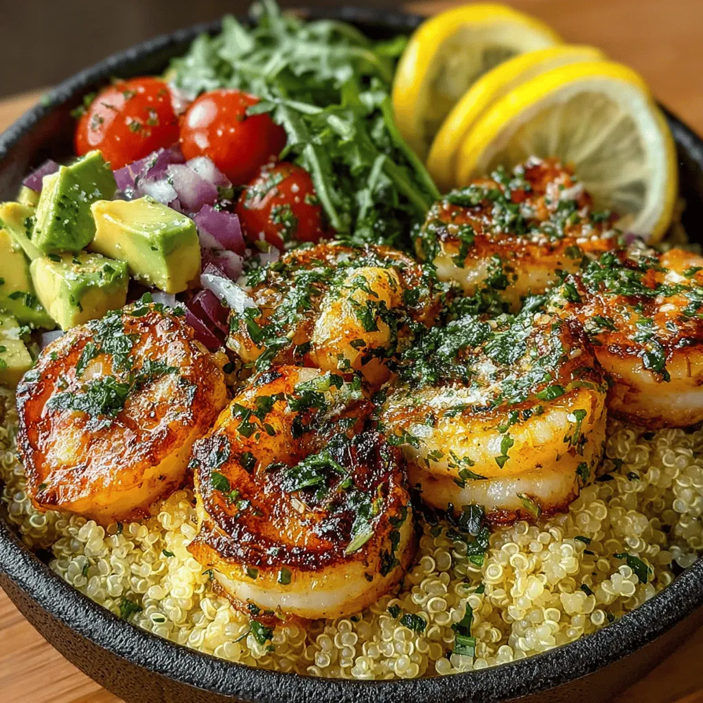 - 1 pound large shrimp, peeled and deveined - 1 cup quinoa, rinsed - 2 cups vegetable broth or water - 1 avocado, sliced - 1 cup cherry tomatoes, halved - 2 cups fresh greens (spinach, arugula, or mixed greens) - 2 tablespoons olive oil - Juice and zest of 1 lemon - 2 cloves garlic, minced - 1 tablespoon fresh parsley, chopped - 1 tablespoon fresh thyme, chopped - Salt and pepper to taste