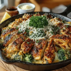 Creamy Garlic Chicken & Broccoli Skillet is a delectable dish that combines tender chicken, vibrant broccoli, and a rich, creamy sauce. This one-pan meal not only delivers a burst of flavor but also offers a balanced combination of protein and vegetables, making it an ideal option for those looking to enjoy a nutritious yet satisfying dinner. The main ingredients—chicken, broccoli, garlic, and a luscious cream sauce—work harmoniously to create a dish that's both comforting and quick to prepare, perfect for busy weeknights.