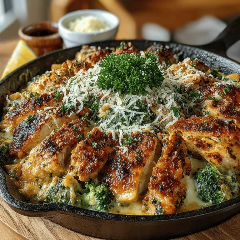 Creamy Garlic Chicken & Broccoli Skillet is a delectable dish that combines tender chicken, vibrant broccoli, and a rich, creamy sauce. This one-pan meal not only delivers a burst of flavor but also offers a balanced combination of protein and vegetables, making it an ideal option for those looking to enjoy a nutritious yet satisfying dinner. The main ingredients—chicken, broccoli, garlic, and a luscious cream sauce—work harmoniously to create a dish that's both comforting and quick to prepare, perfect for busy weeknights.