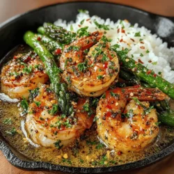 - 1 pound of fresh shrimp, peeled and deveined - 1 bunch of asparagus, trimmed and cut into 2-inch pieces - 3 cloves of garlic, minced - 1 teaspoon red pepper flakes (adjust to taste) - 2 tablespoons olive oil - Salt and pepper to taste - Lemon wedges for serving