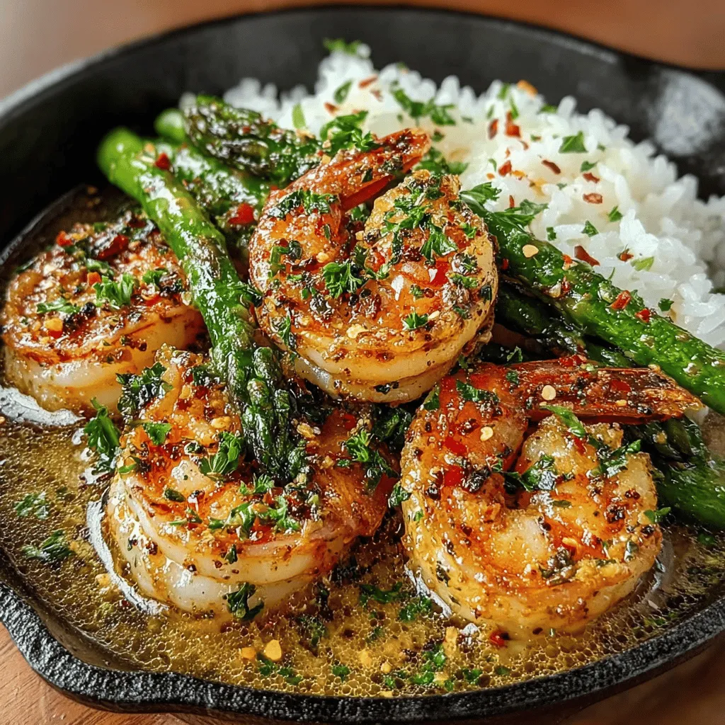 - 1 pound of fresh shrimp, peeled and deveined - 1 bunch of asparagus, trimmed and cut into 2-inch pieces - 3 cloves of garlic, minced - 1 teaspoon red pepper flakes (adjust to taste) - 2 tablespoons olive oil - Salt and pepper to taste - Lemon wedges for serving