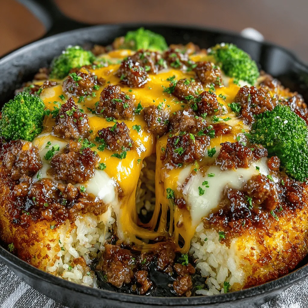 - 1 pound ground beef - 2 cups broccoli florets - 1 cup brown rice (uncooked) - 2 cups beef broth - 1 cup sharp cheddar cheese, shredded - 1 cup mozzarella cheese, shredded - 1 medium onion, diced - 2 cloves garlic, minced - 1 teaspoon smoked paprika - 1 teaspoon dried oregano - Salt and pepper to taste - Optional: 1/2 cup sour cream