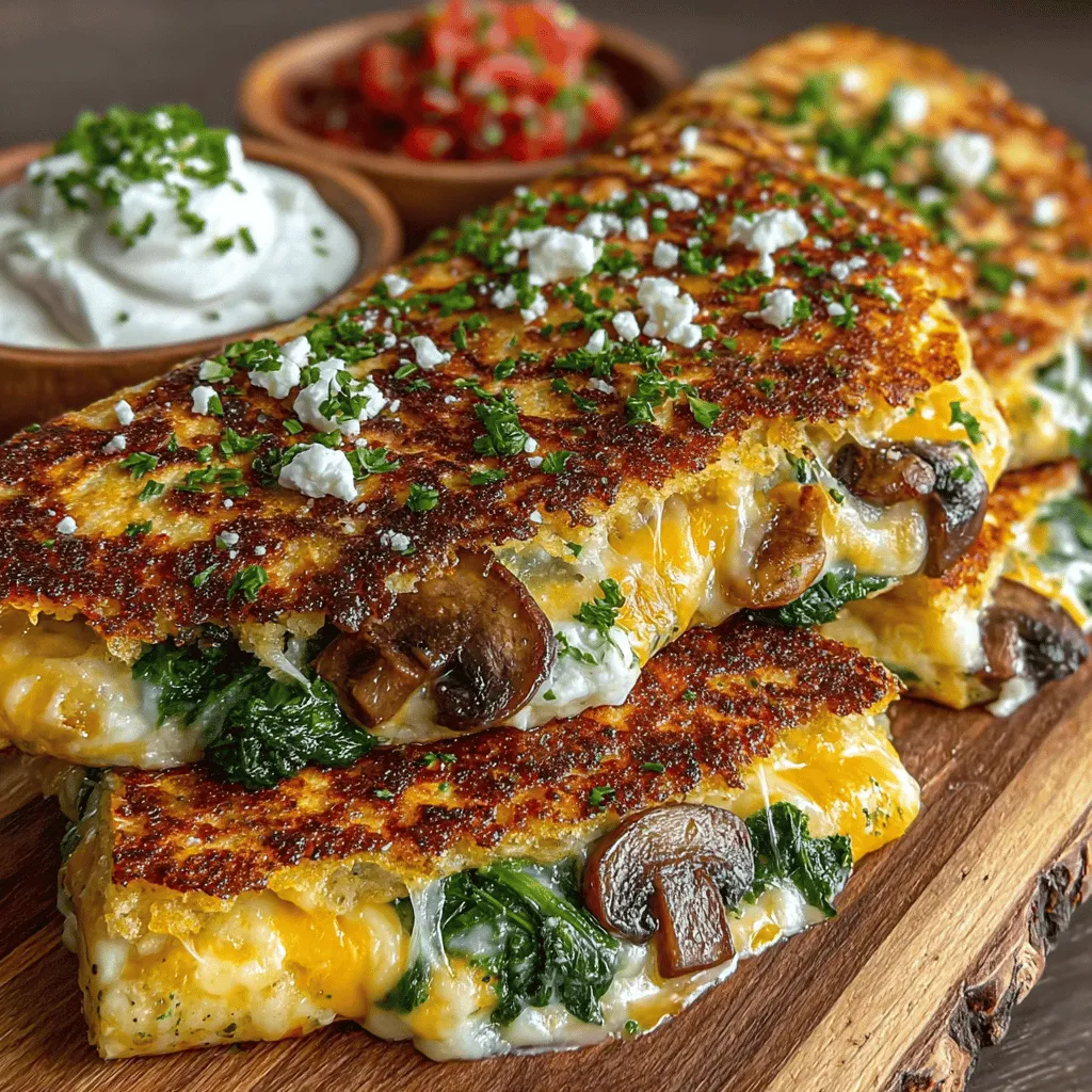 - 2 cups fresh spinach, chopped - 1 cup mushrooms, sliced - 1 cup shredded mozzarella cheese - 1/2 cup Mexican cheese blend (optional) - 4 large flour or corn tortillas - 2 tablespoons olive oil - 1 teaspoon garlic powder - 1 teaspoon onion powder - Salt and pepper to taste - Salsa or sour cream for serving (optional)