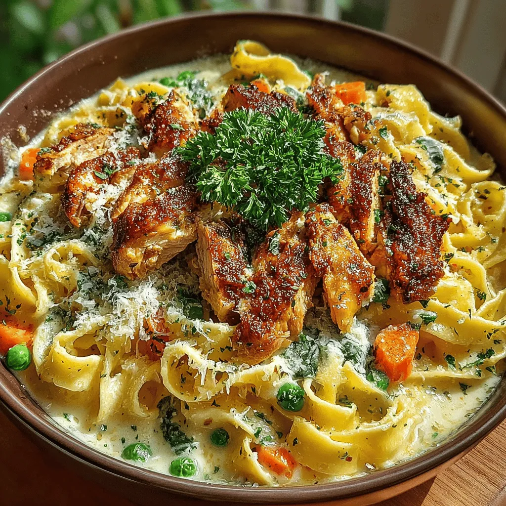 - 8 ounces fettuccine pasta - 2 tablespoons olive oil - 1 pound boneless, skinless chicken breasts, diced - Salt and pepper, to taste - 3 cloves garlic, minced - 1 cup heavy cream - 1 cup grated Parmesan cheese - 1 cup frozen peas - 1 cup diced carrots - 1 teaspoon Italian seasoning - Fresh parsley, chopped (for garnish)