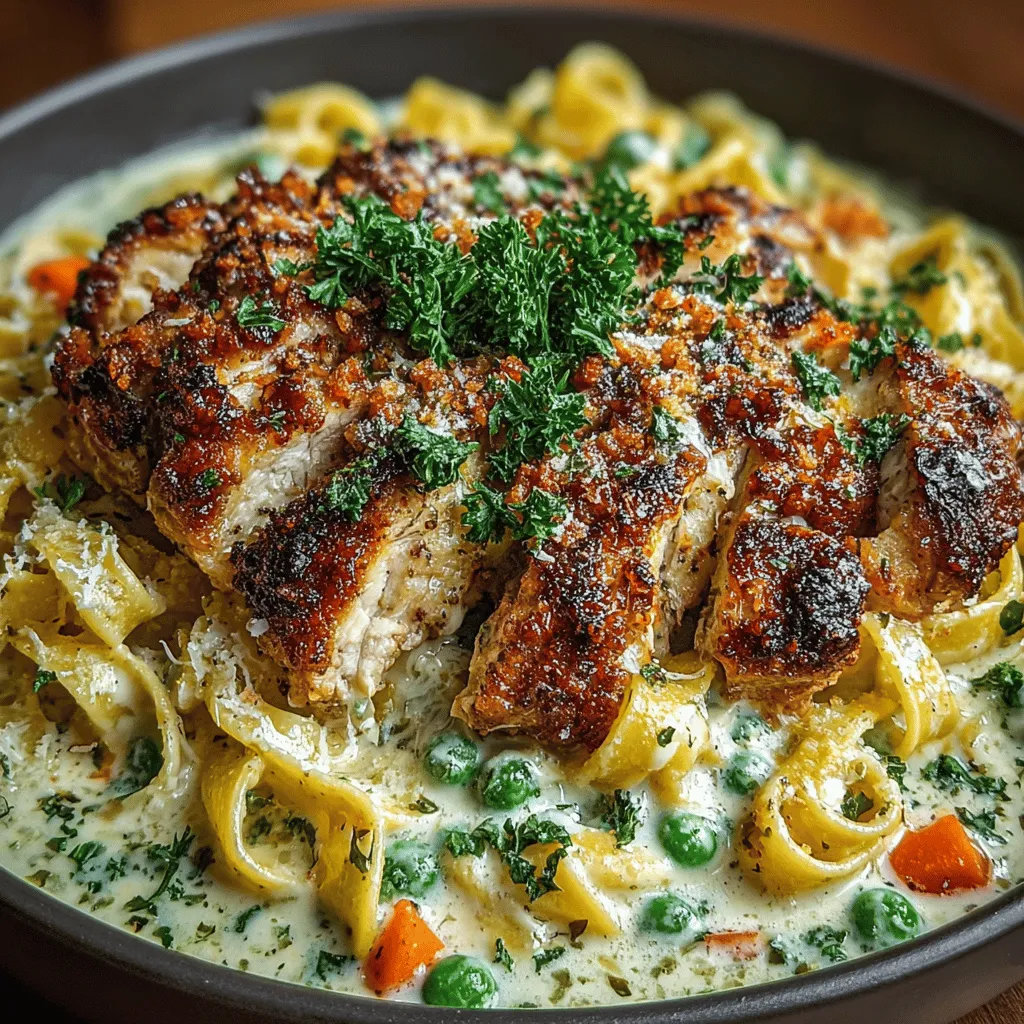 - 8 ounces fettuccine pasta - 2 tablespoons olive oil - 1 pound boneless, skinless chicken breasts, diced - Salt and pepper, to taste - 3 cloves garlic, minced - 1 cup heavy cream - 1 cup grated Parmesan cheese - 1 cup frozen peas - 1 cup diced carrots - 1 teaspoon Italian seasoning - Fresh parsley, chopped (for garnish)