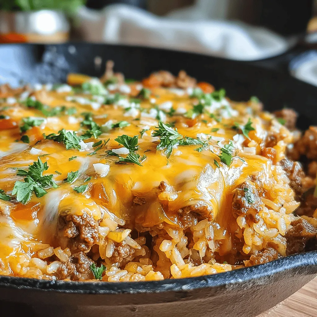 The Sizzling Cheesy Beef and Rice Skillet is a delightful one-pan meal that brings together the irresistible flavors of seasoned beef, fluffy rice, and gooey cheese. This comforting dish is perfect for busy weeknights when you need something hearty and satisfying without spending hours in the kitchen.