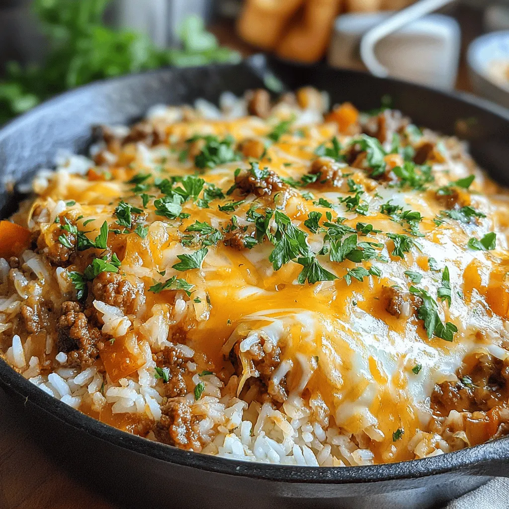 The Sizzling Cheesy Beef and Rice Skillet is a delightful one-pan meal that brings together the irresistible flavors of seasoned beef, fluffy rice, and gooey cheese. This comforting dish is perfect for busy weeknights when you need something hearty and satisfying without spending hours in the kitchen.