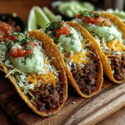 - 1 pound ground beef - 1 small onion, diced - 2 cloves garlic, minced - 1 teaspoon chili powder - 1 teaspoon ground cumin - 1 teaspoon smoked paprika - Salt and pepper to taste - 8 small corn or flour tortillas - 1 large avocado - 1/2 cup Greek yogurt - 1 tablespoon lime juice - Fresh cilantro, for garnish - Optional toppings: diced tomatoes, shredded cheese, lettuce, jalapeños