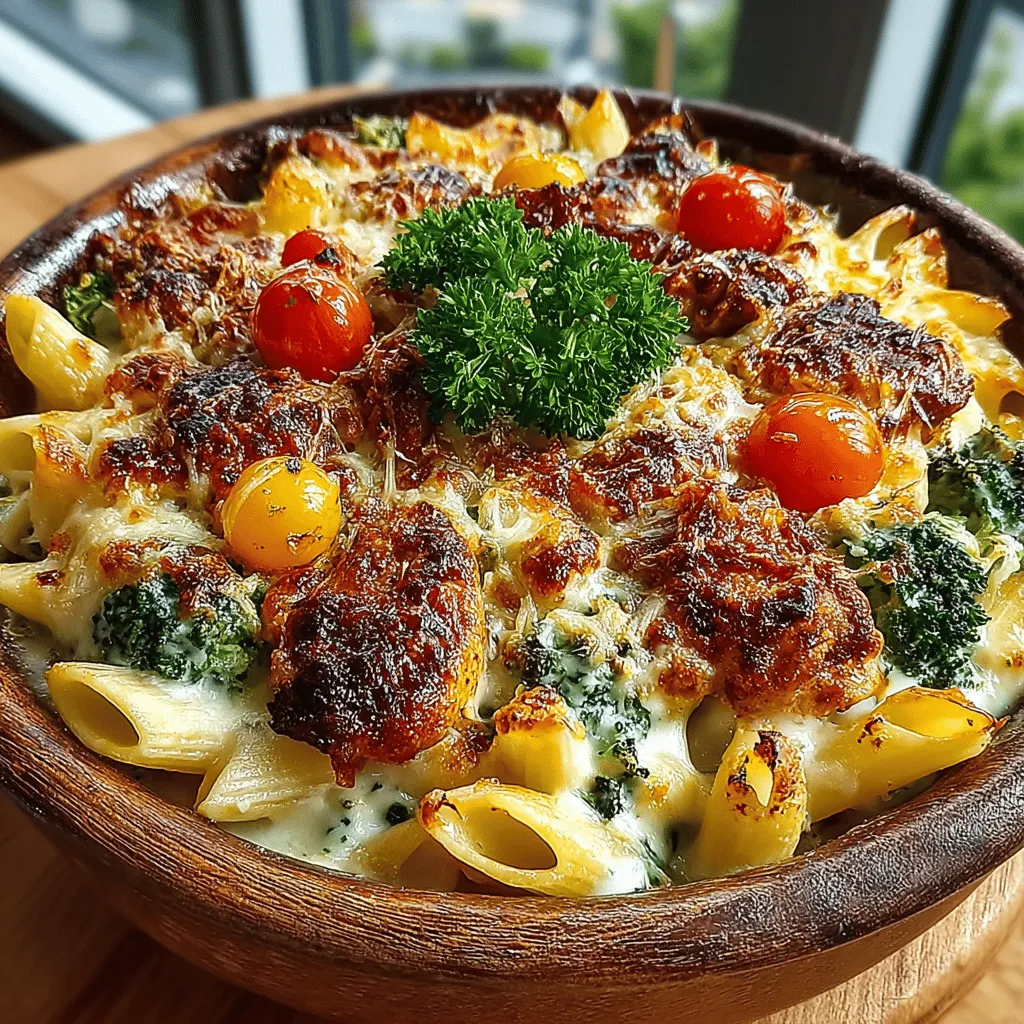 - 3 cups penne pasta - 2 cups cooked, shredded chicken - 2 cups broccoli florets - 1 cup cherry tomatoes, halved - 1 cup heavy cream - 1 cup chicken broth - 1 cup shredded mozzarella cheese - 1/2 cup grated Parmesan cheese - 1 tablespoon Italian seasoning - 1 teaspoon red pepper flakes (optional) - Salt and pepper to taste - Fresh parsley, chopped (for garnish)