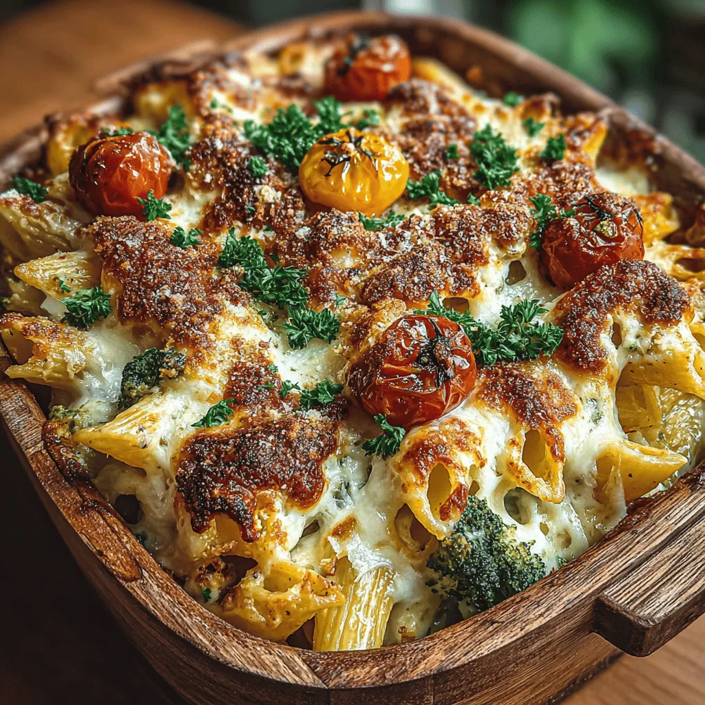 - 3 cups penne pasta - 2 cups cooked, shredded chicken - 2 cups broccoli florets - 1 cup cherry tomatoes, halved - 1 cup heavy cream - 1 cup chicken broth - 1 cup shredded mozzarella cheese - 1/2 cup grated Parmesan cheese - 1 tablespoon Italian seasoning - 1 teaspoon red pepper flakes (optional) - Salt and pepper to taste - Fresh parsley, chopped (for garnish)
