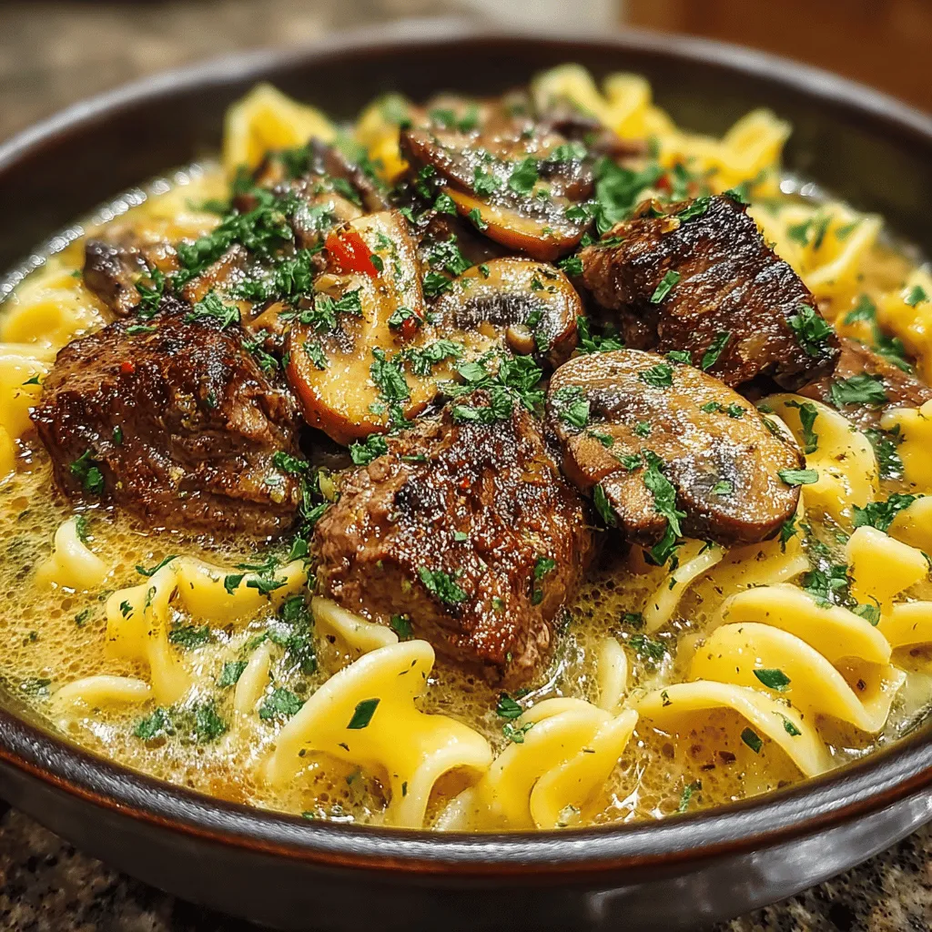 - 2 pounds beef chuck, cut into bite-sized pieces - 3 tablespoons olive oil - 1 large onion, finely chopped - 4 cloves garlic, minced - 8 ounces mushrooms, sliced - 4 cups beef broth - 2 tablespoons Worcestershire sauce - 1 teaspoon paprika - Salt and pepper to taste - 1 cup sour cream - 12 ounces egg noodles - Fresh parsley, chopped (for garnish)