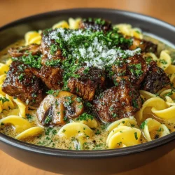 - 2 pounds beef chuck, cut into bite-sized pieces - 3 tablespoons olive oil - 1 large onion, finely chopped - 4 cloves garlic, minced - 8 ounces mushrooms, sliced - 4 cups beef broth - 2 tablespoons Worcestershire sauce - 1 teaspoon paprika - Salt and pepper to taste - 1 cup sour cream - 12 ounces egg noodles - Fresh parsley, chopped (for garnish)