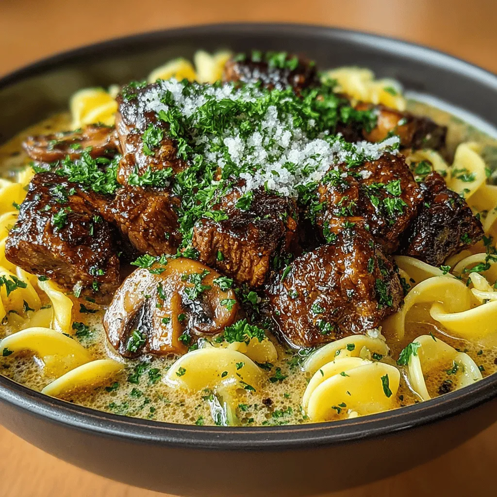 - 2 pounds beef chuck, cut into bite-sized pieces - 3 tablespoons olive oil - 1 large onion, finely chopped - 4 cloves garlic, minced - 8 ounces mushrooms, sliced - 4 cups beef broth - 2 tablespoons Worcestershire sauce - 1 teaspoon paprika - Salt and pepper to taste - 1 cup sour cream - 12 ounces egg noodles - Fresh parsley, chopped (for garnish)