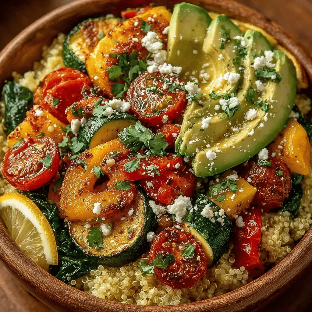 - 1 cup quinoa - 2 cups vegetable broth - 2 tablespoons olive oil - 1 onion, diced - 3 cloves garlic, minced - 1 zucchini, diced - 1 red bell pepper, diced - 1 cup cherry tomatoes, halved - 2 cups fresh spinach - 1 teaspoon ground cumin - 1 teaspoon smoked paprika - Salt and pepper to taste - 1 avocado, sliced - Feta cheese (optional) - Fresh cilantro or parsley for garnish - Juice of 1 lemon