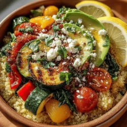 - 1 cup quinoa - 2 cups vegetable broth - 2 tablespoons olive oil - 1 onion, diced - 3 cloves garlic, minced - 1 zucchini, diced - 1 red bell pepper, diced - 1 cup cherry tomatoes, halved - 2 cups fresh spinach - 1 teaspoon ground cumin - 1 teaspoon smoked paprika - Salt and pepper to taste - 1 avocado, sliced - Feta cheese (optional) - Fresh cilantro or parsley for garnish - Juice of 1 lemon