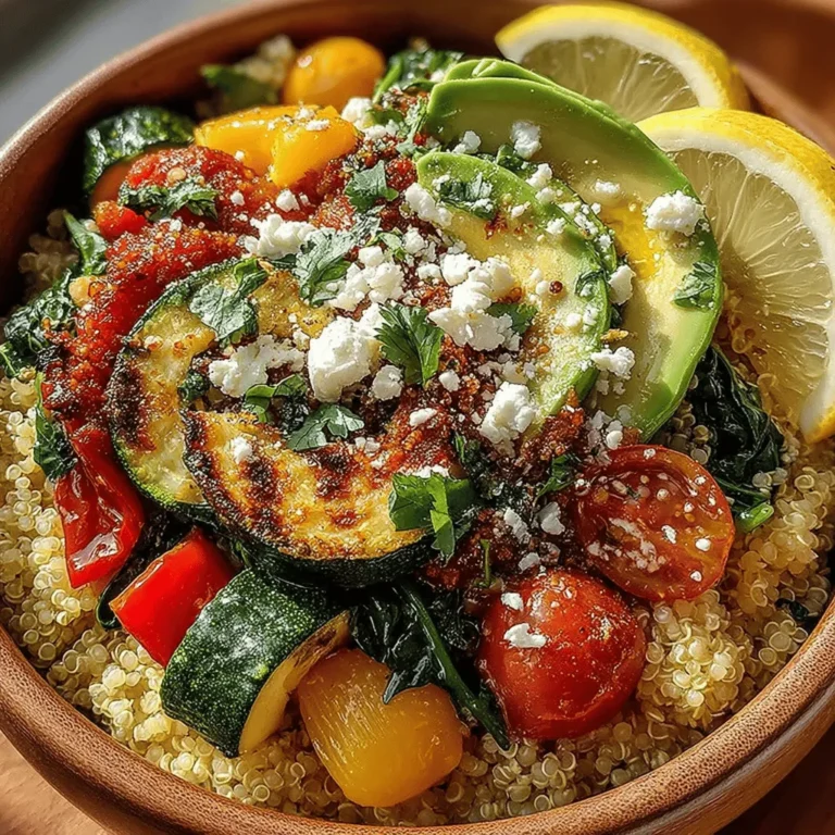 - 1 cup quinoa - 2 cups vegetable broth - 2 tablespoons olive oil - 1 onion, diced - 3 cloves garlic, minced - 1 zucchini, diced - 1 red bell pepper, diced - 1 cup cherry tomatoes, halved - 2 cups fresh spinach - 1 teaspoon ground cumin - 1 teaspoon smoked paprika - Salt and pepper to taste - 1 avocado, sliced - Feta cheese (optional) - Fresh cilantro or parsley for garnish - Juice of 1 lemon