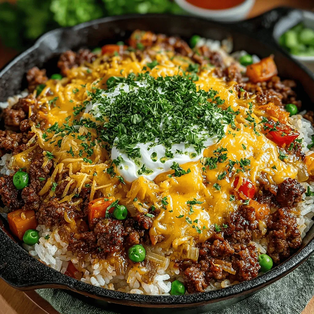 - 1 pound ground beef - 1 cup uncooked long-grain rice - 2 cups beef broth - 1 cup frozen peas and carrots - 1 medium onion, chopped - 2 cloves garlic, minced - 1 cup shredded cheddar cheese - 1 tablespoon smoked paprika - 1 teaspoon Italian seasoning - Salt and pepper to taste - 2 tablespoons olive oil
