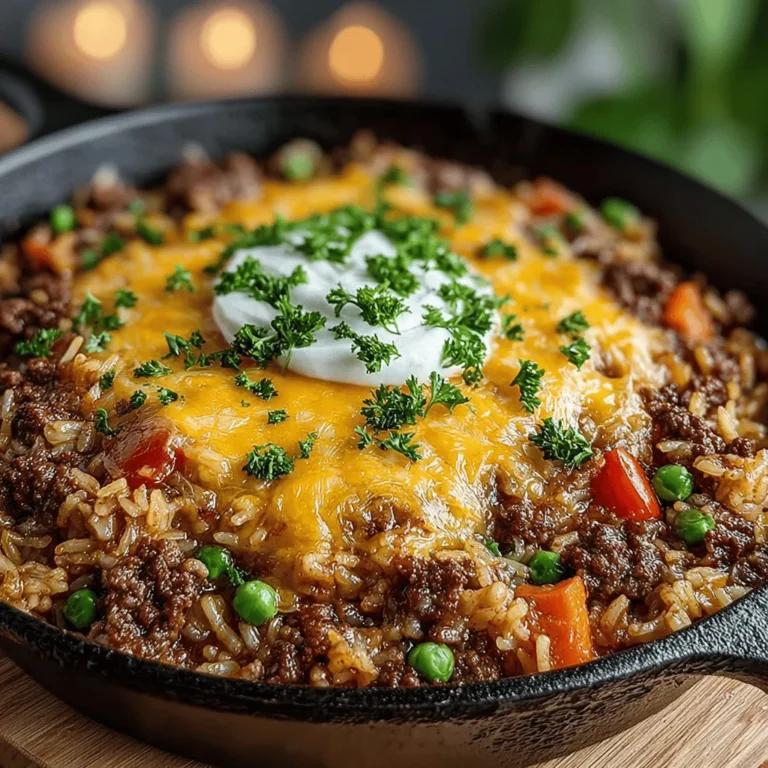 - 1 pound ground beef - 1 cup uncooked long-grain rice - 2 cups beef broth - 1 cup frozen peas and carrots - 1 medium onion, chopped - 2 cloves garlic, minced - 1 cup shredded cheddar cheese - 1 tablespoon smoked paprika - 1 teaspoon Italian seasoning - Salt and pepper to taste - 2 tablespoons olive oil