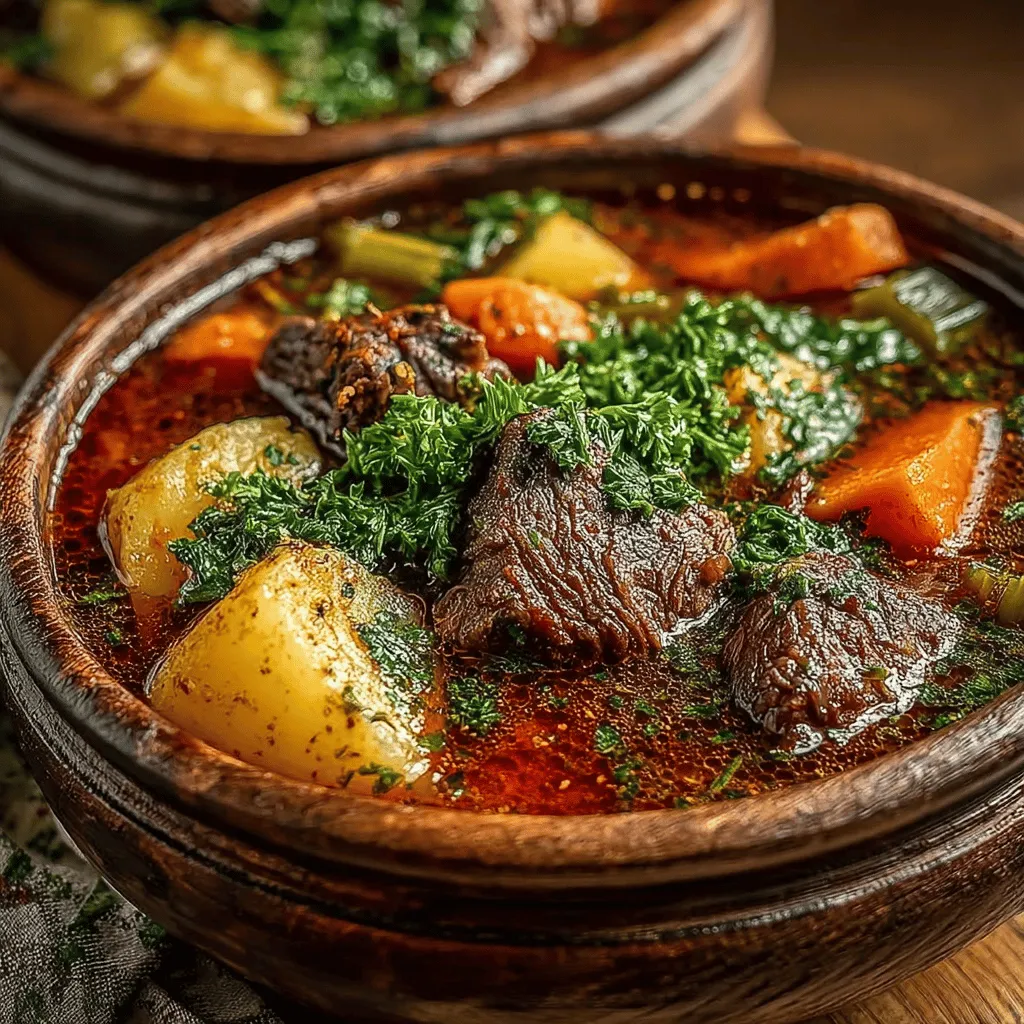 - 2 pounds beef chuck, cut into 1-inch cubes - 2 tablespoons olive oil - 1 large onion, diced - 3 cloves garlic, minced - 4 carrots, sliced - 3 celery stalks, chopped - 2 medium potatoes, diced - 1 cup green beans, trimmed and cut into pieces - 1 can (14.5 ounces) diced tomatoes, undrained - 6 cups beef broth - 1 teaspoon dried thyme - 1 teaspoon dried rosemary - Salt and pepper to taste - Fresh parsley, chopped (for garnish)