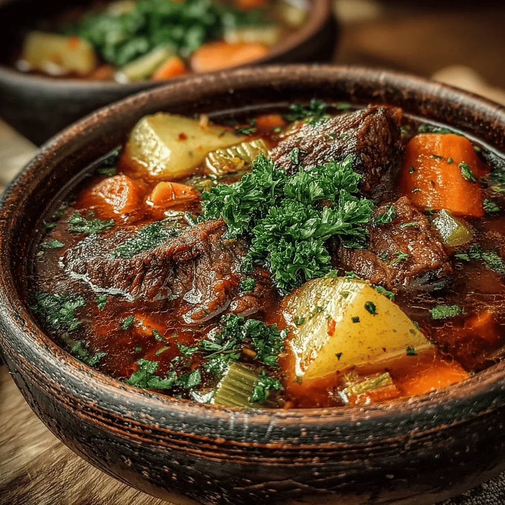 - 2 pounds beef chuck, cut into 1-inch cubes - 2 tablespoons olive oil - 1 large onion, diced - 3 cloves garlic, minced - 4 carrots, sliced - 3 celery stalks, chopped - 2 medium potatoes, diced - 1 cup green beans, trimmed and cut into pieces - 1 can (14.5 ounces) diced tomatoes, undrained - 6 cups beef broth - 1 teaspoon dried thyme - 1 teaspoon dried rosemary - Salt and pepper to taste - Fresh parsley, chopped (for garnish)