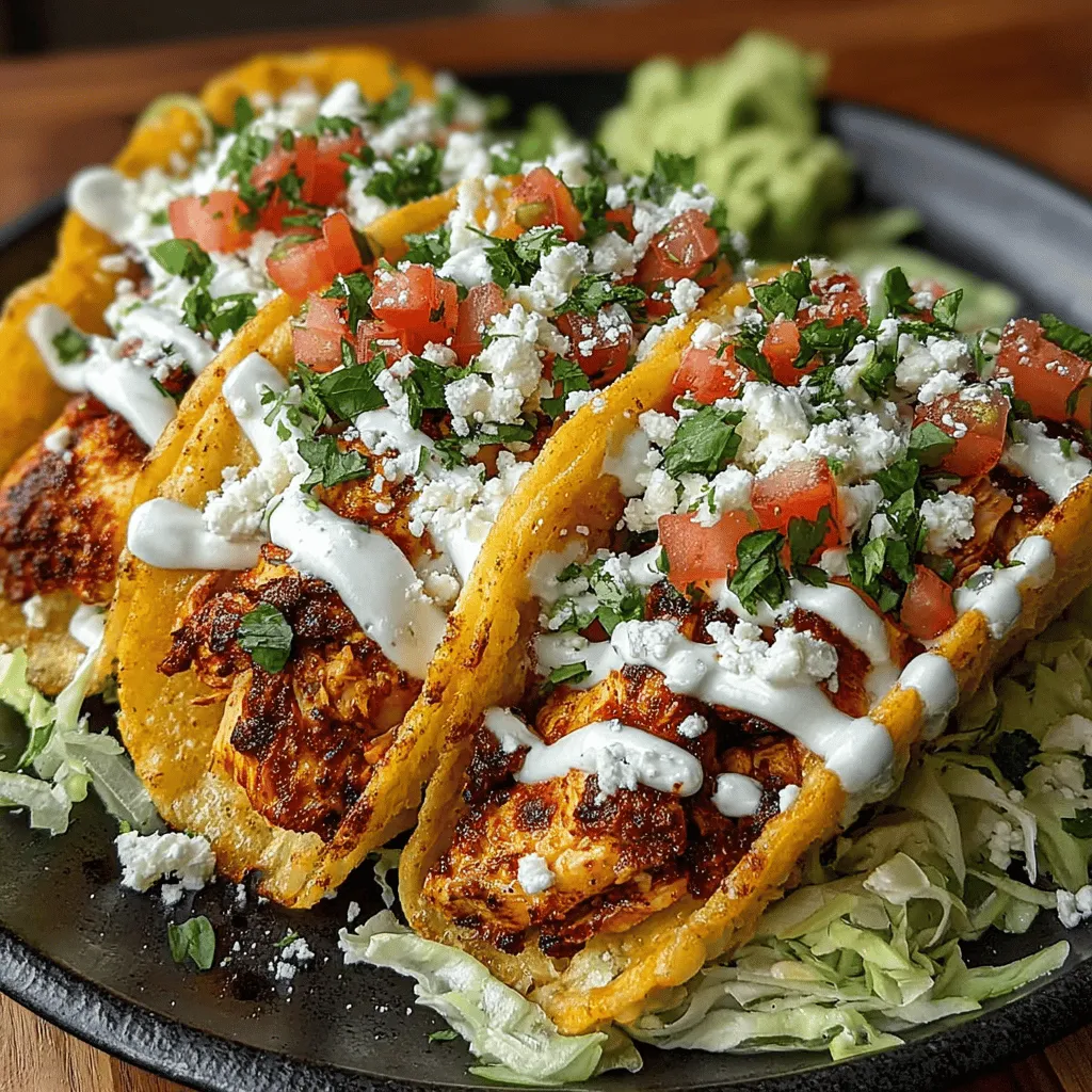 - 1 pound boneless, skinless chicken breasts - 2 tablespoons olive oil - 1 teaspoon chili powder - 1 teaspoon ground cumin - 1 teaspoon garlic powder - Salt and pepper to taste - 8 small corn or flour tortillas - 1 cup shredded lettuce - 1 cup diced tomatoes - ½ cup shredded cheese (cheddar or Mexican blend) - Fresh jalapeños, sliced (optional)