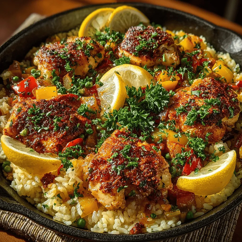 - 4 boneless, skinless chicken thighs - 1 cup long-grain white rice - 1 medium onion, diced - 3 cloves garlic, minced - 1 cup bell peppers (mixed colors), diced - 1 cup frozen peas - 2 cups chicken broth - 1 tablespoon olive oil - 1 teaspoon paprika - 1 teaspoon dried oregano - 1/2 teaspoon ground cumin - Salt and pepper to taste - Fresh parsley for garnish (optional)