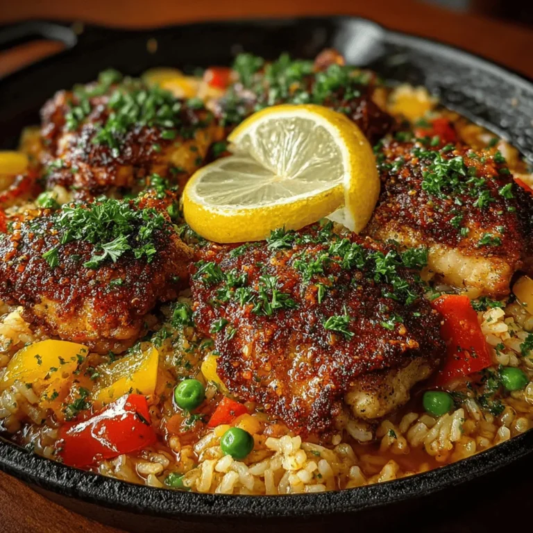 - 4 boneless, skinless chicken thighs - 1 cup long-grain white rice - 1 medium onion, diced - 3 cloves garlic, minced - 1 cup bell peppers (mixed colors), diced - 1 cup frozen peas - 2 cups chicken broth - 1 tablespoon olive oil - 1 teaspoon paprika - 1 teaspoon dried oregano - 1/2 teaspoon ground cumin - Salt and pepper to taste - Fresh parsley for garnish (optional)