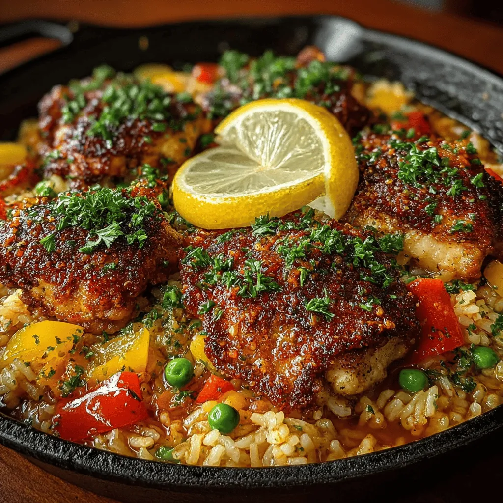 - 4 boneless, skinless chicken thighs - 1 cup long-grain white rice - 1 medium onion, diced - 3 cloves garlic, minced - 1 cup bell peppers (mixed colors), diced - 1 cup frozen peas - 2 cups chicken broth - 1 tablespoon olive oil - 1 teaspoon paprika - 1 teaspoon dried oregano - 1/2 teaspoon ground cumin - Salt and pepper to taste - Fresh parsley for garnish (optional)