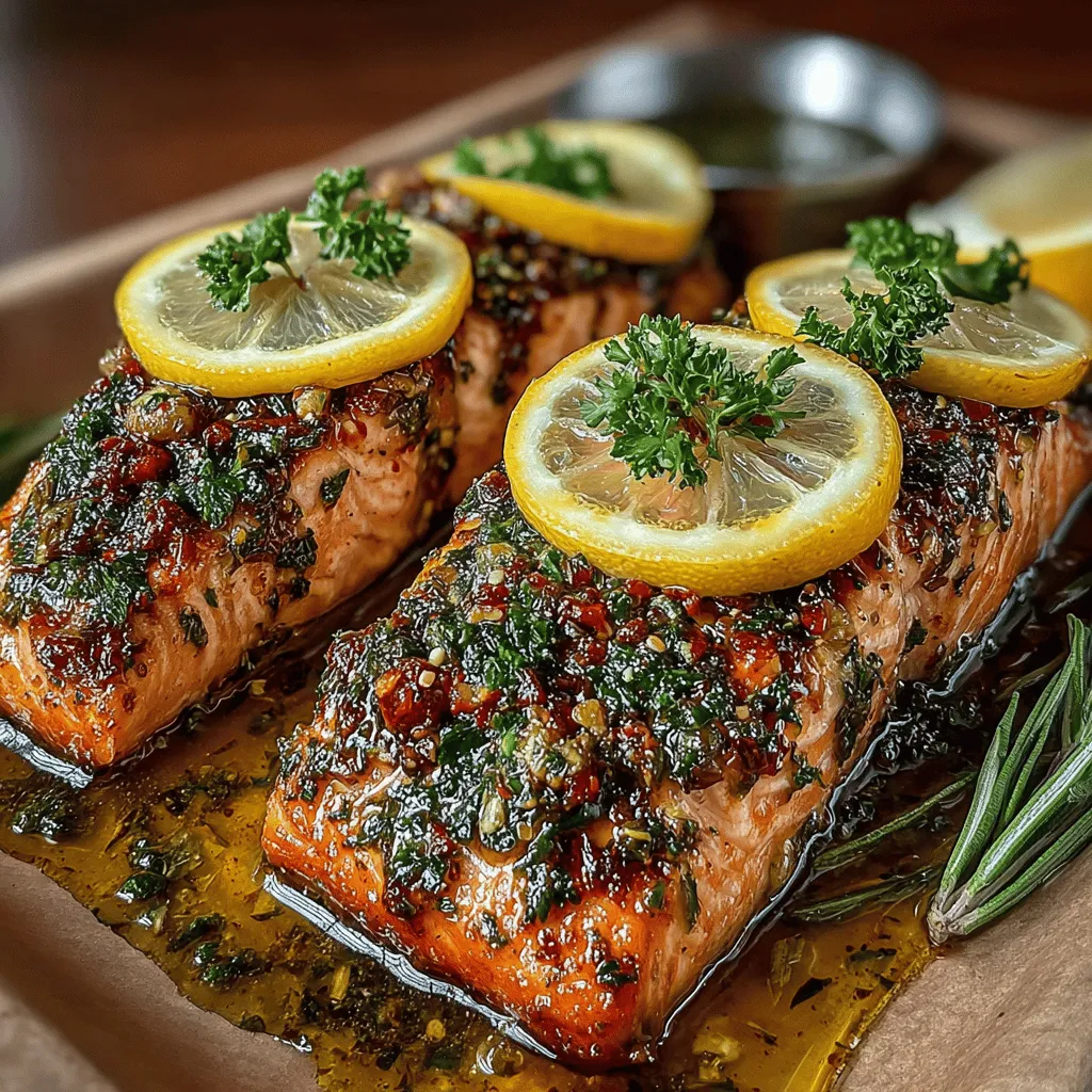 - 4 salmon fillets (approximately 6 ounces each) - 3 tablespoons olive oil - 4 cloves garlic, minced - Juice and zest of 1 large lemon - 1 teaspoon fresh thyme leaves (or ½ teaspoon dried thyme) - 1 teaspoon fresh rosemary, chopped (or ½ teaspoon dried rosemary) - Salt and pepper to taste - Lemon slices, for garnish - Fresh parsley, chopped (optional, for garnish)