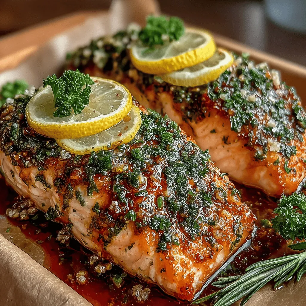 - 4 salmon fillets (approximately 6 ounces each) - 3 tablespoons olive oil - 4 cloves garlic, minced - Juice and zest of 1 large lemon - 1 teaspoon fresh thyme leaves (or ½ teaspoon dried thyme) - 1 teaspoon fresh rosemary, chopped (or ½ teaspoon dried rosemary) - Salt and pepper to taste - Lemon slices, for garnish - Fresh parsley, chopped (optional, for garnish)